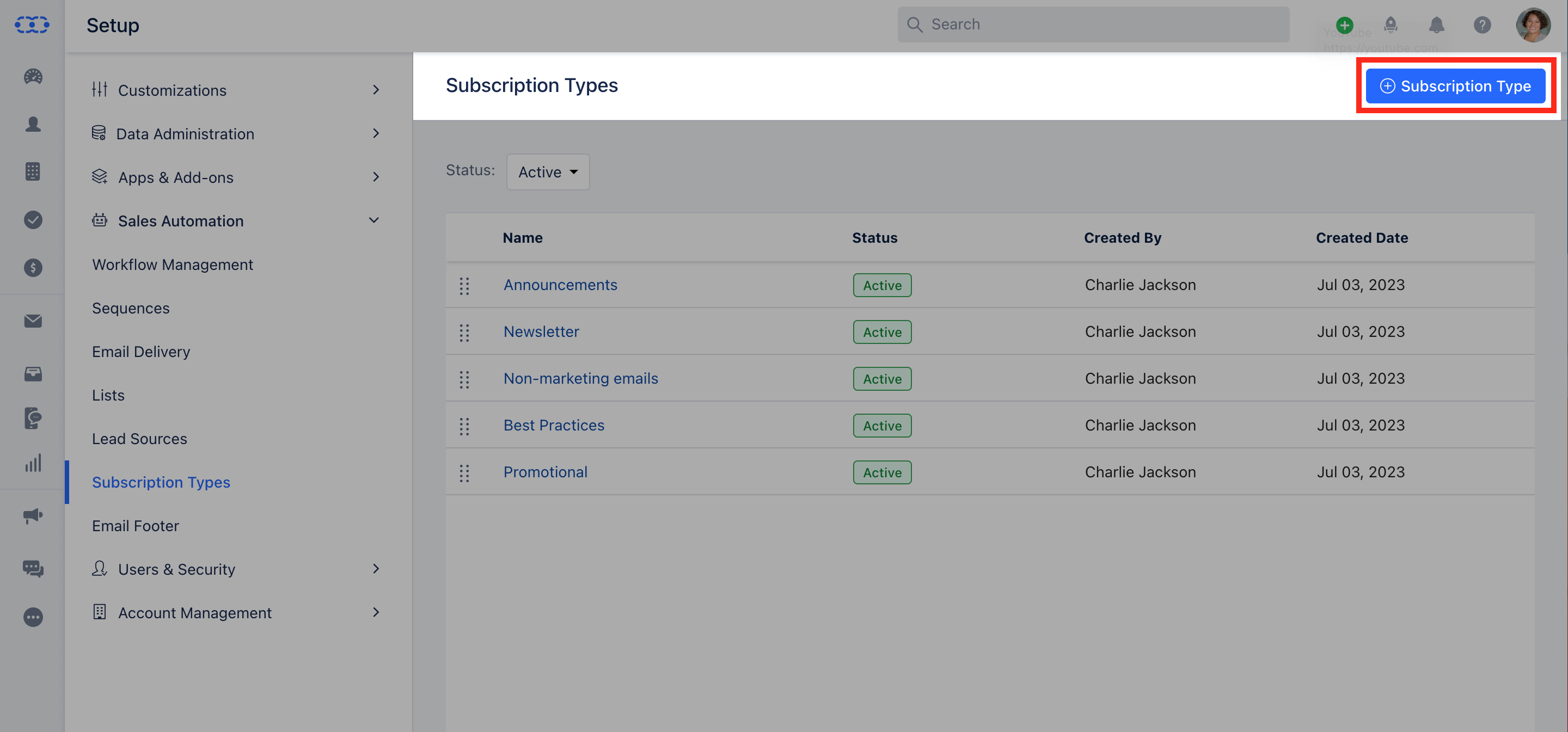 Email campaign subscription types salesmate