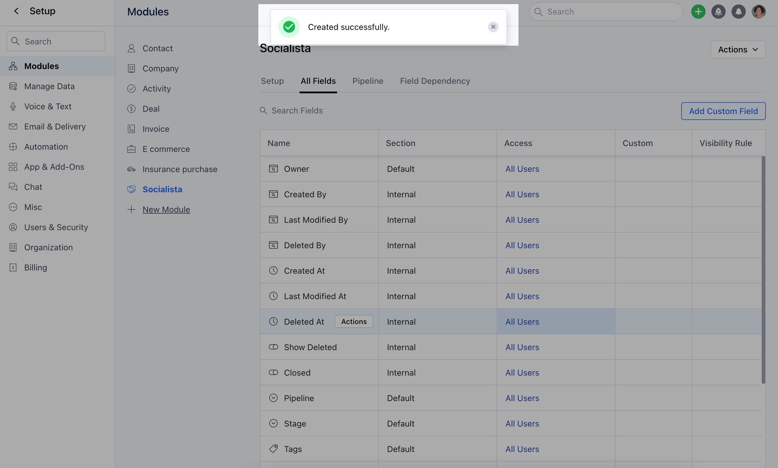 Create Fields for Custom Module Layout Salesmate