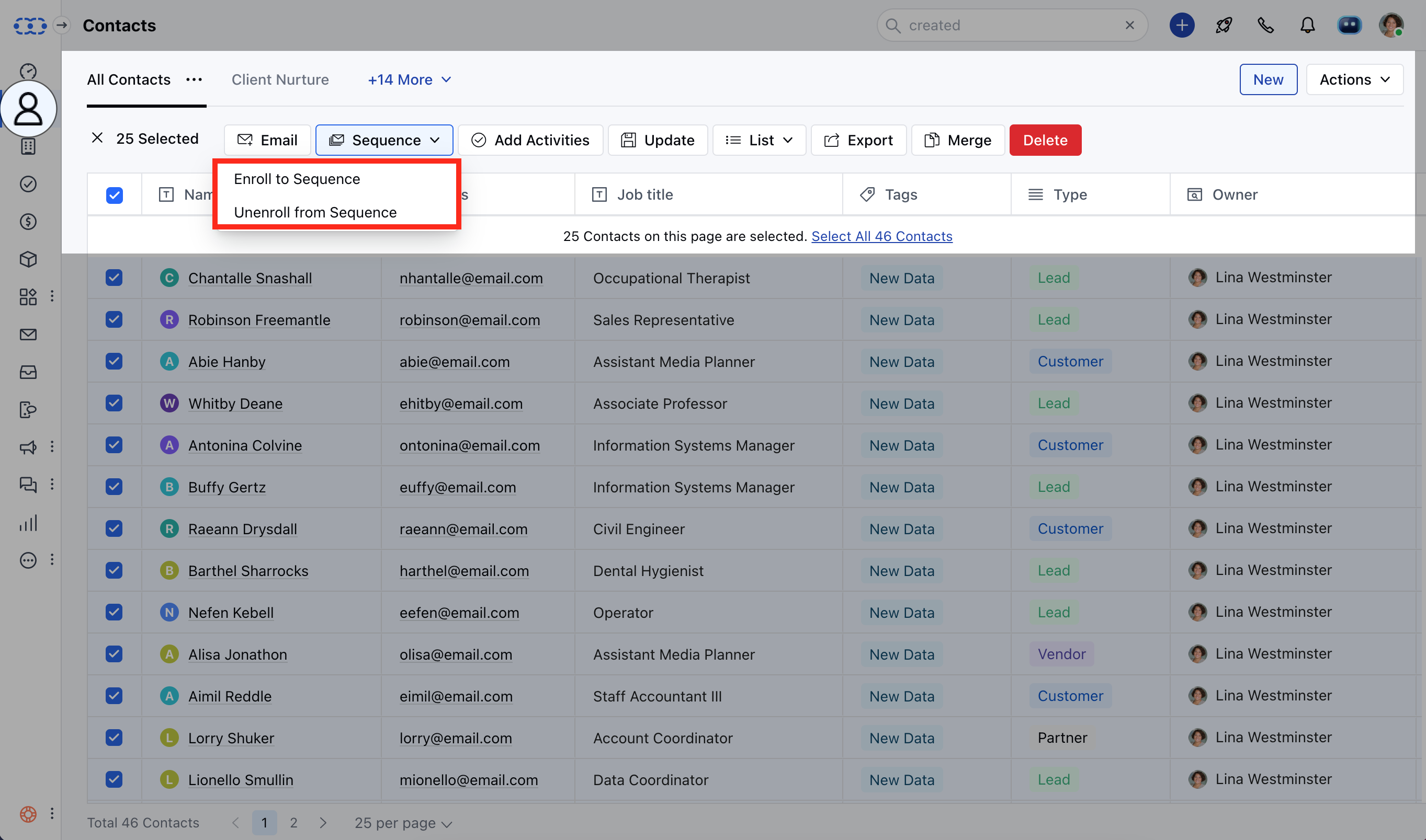 Enroll/Unroll contacts to sequence from contact listing view 