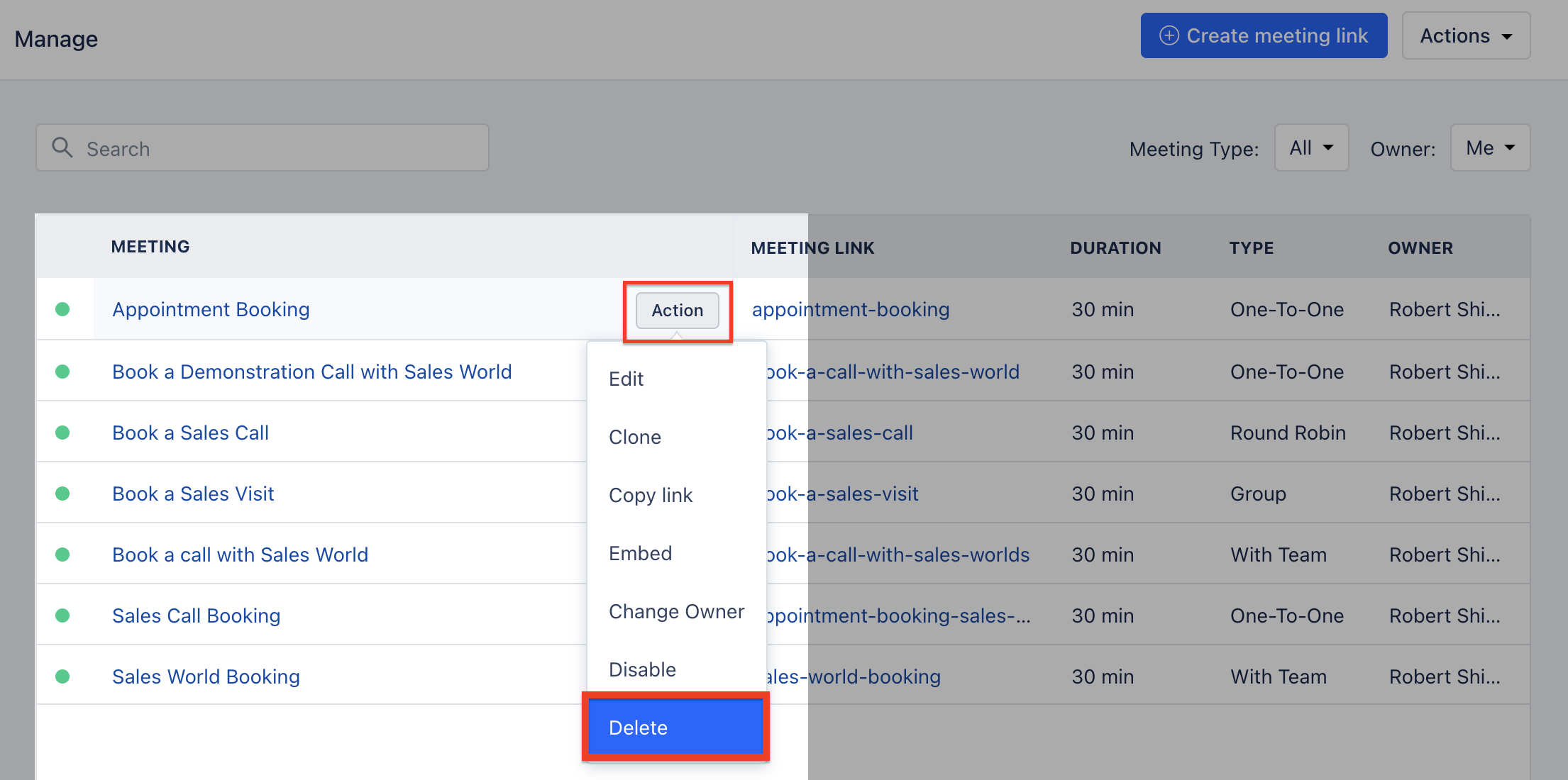 Delete Meeting Scheduler Salesmate
