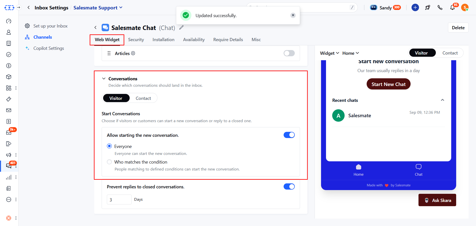 Manage who can start a conversation via Chats – Salesmate